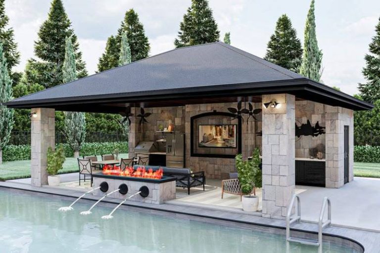 Plan 62303DJ_ Poolhouse with Firepit, Fountains and 3-Side Access Plan 62303DJ_ Poolhouse with Firepit, Fountains and 3-Side Access